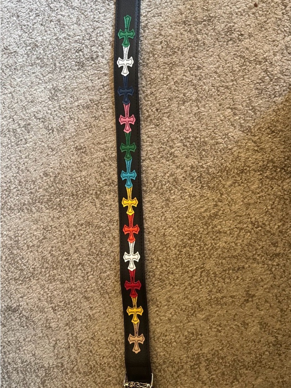 Black Cross-Accent Belt with Multicolor Embroidered Crosses